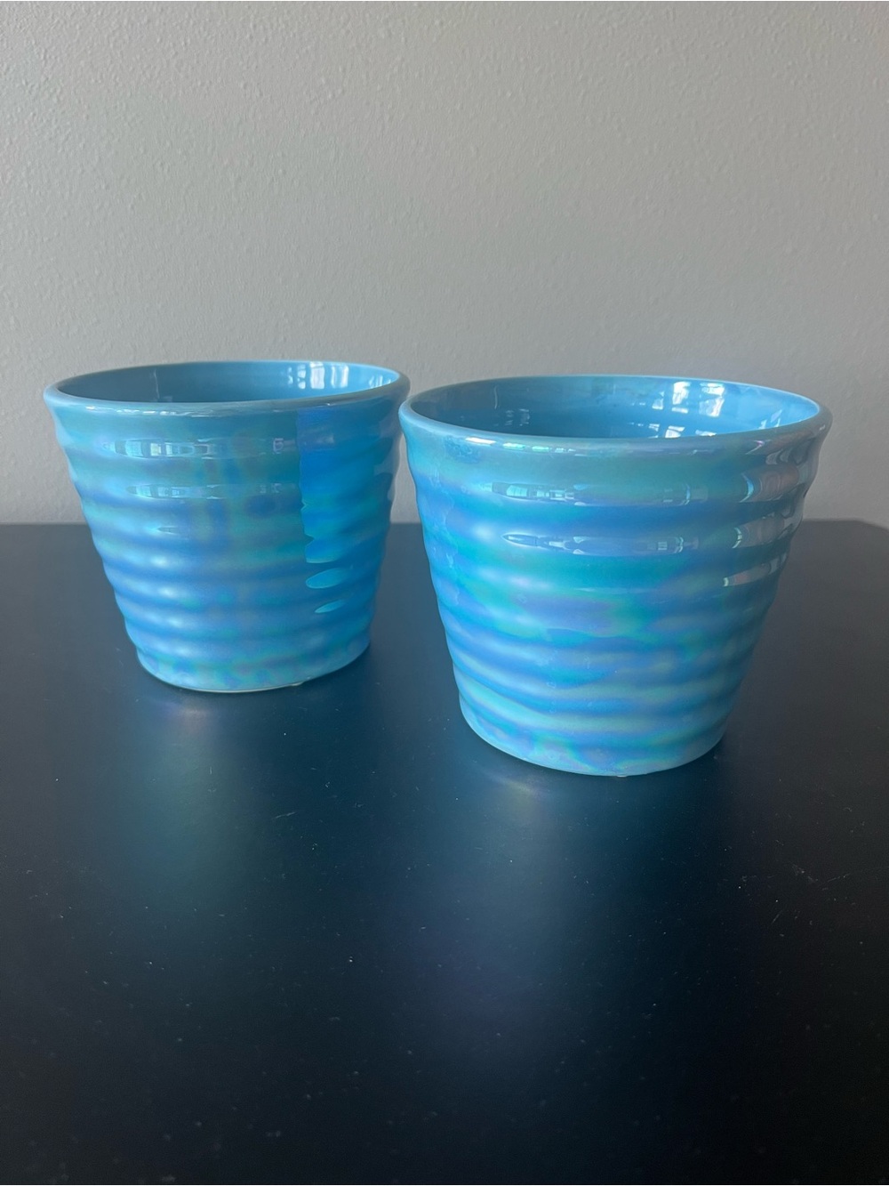 Iridescent Blue Ceramic Planter Pair -